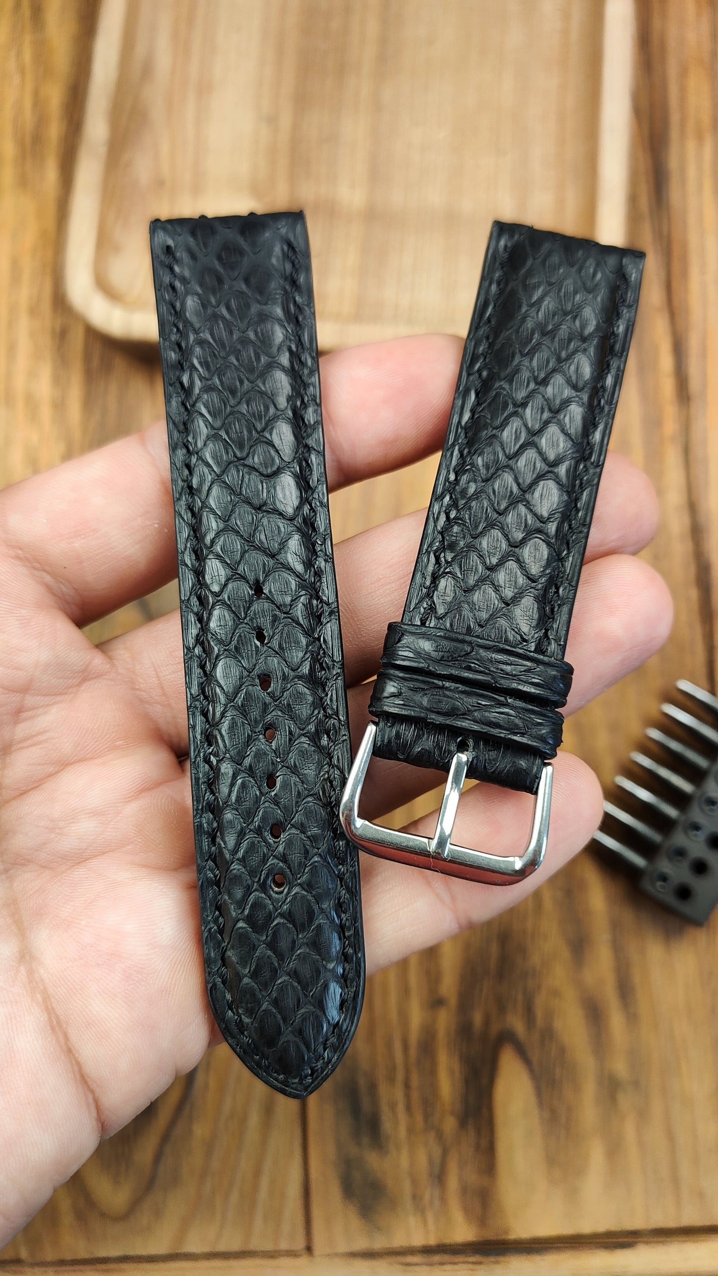 Black python leather watch band custom leather band.