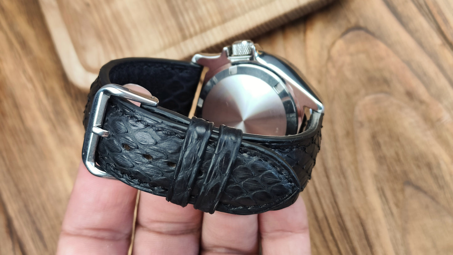 Black python leather watch band custom leather band.