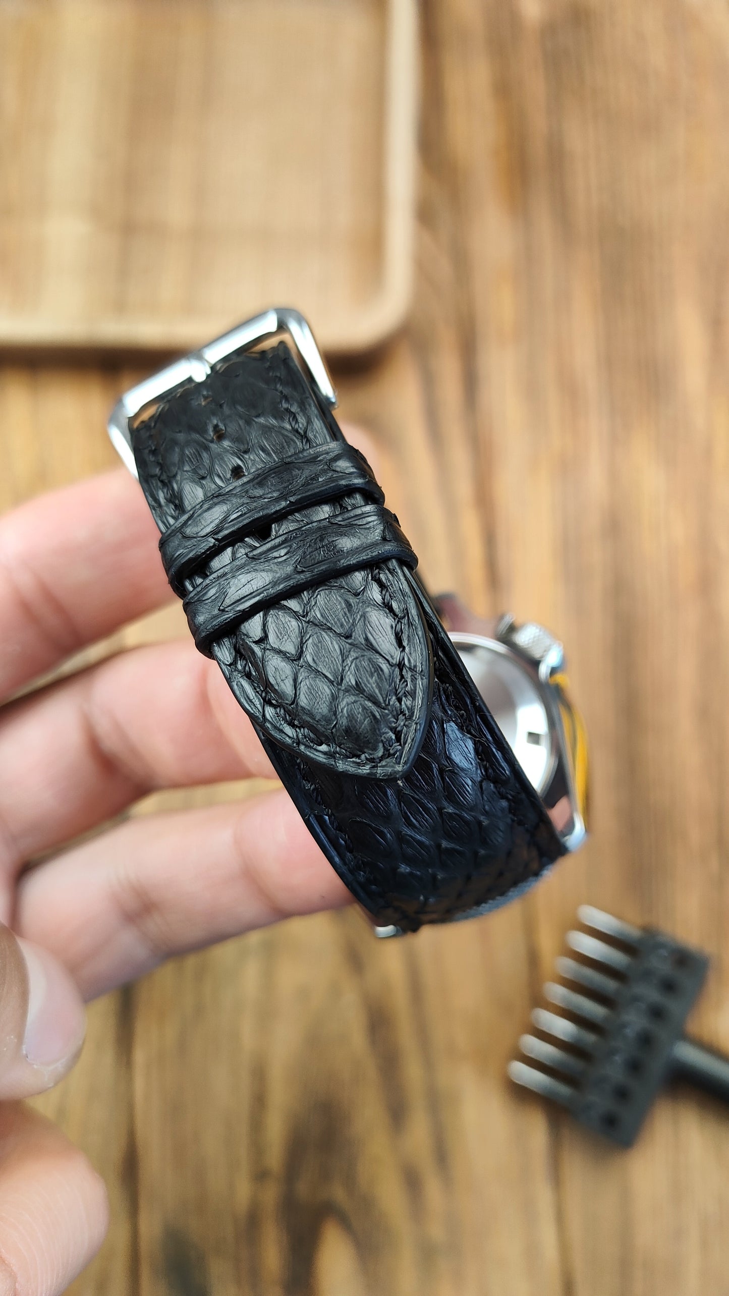 Black python leather watch band custom leather band.