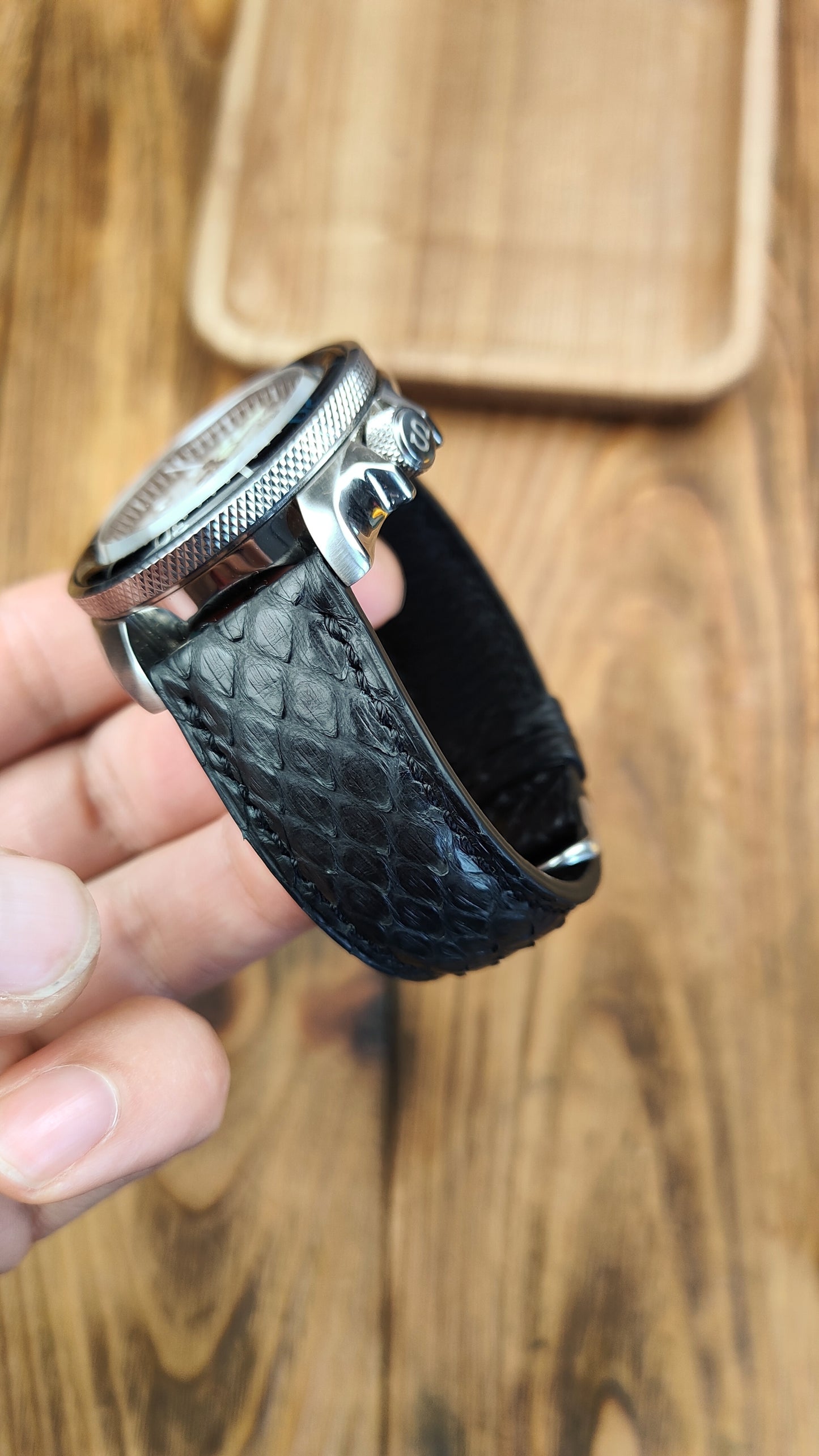 Black python leather watch band custom leather band.