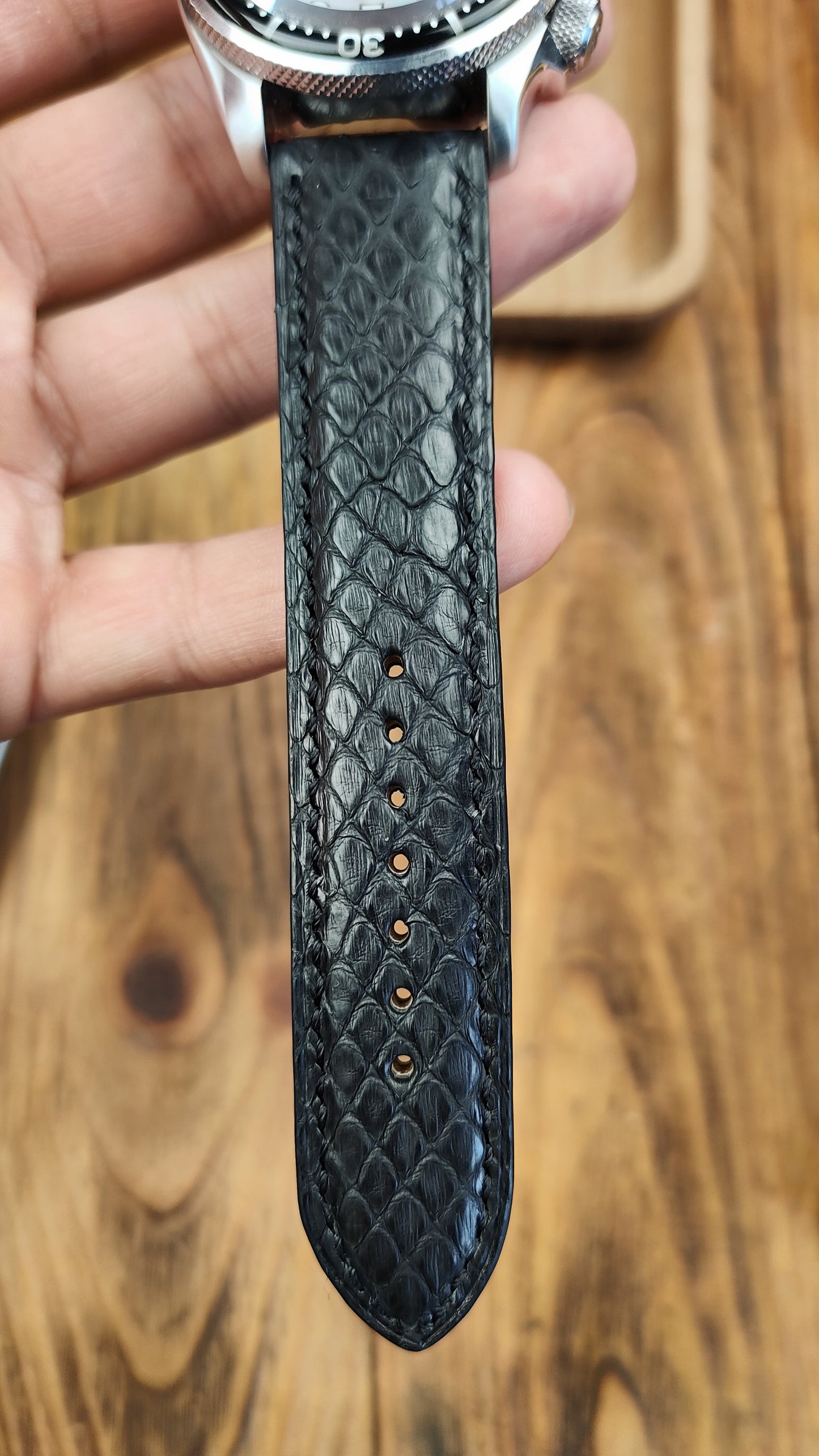 Black python leather watch band custom leather band.