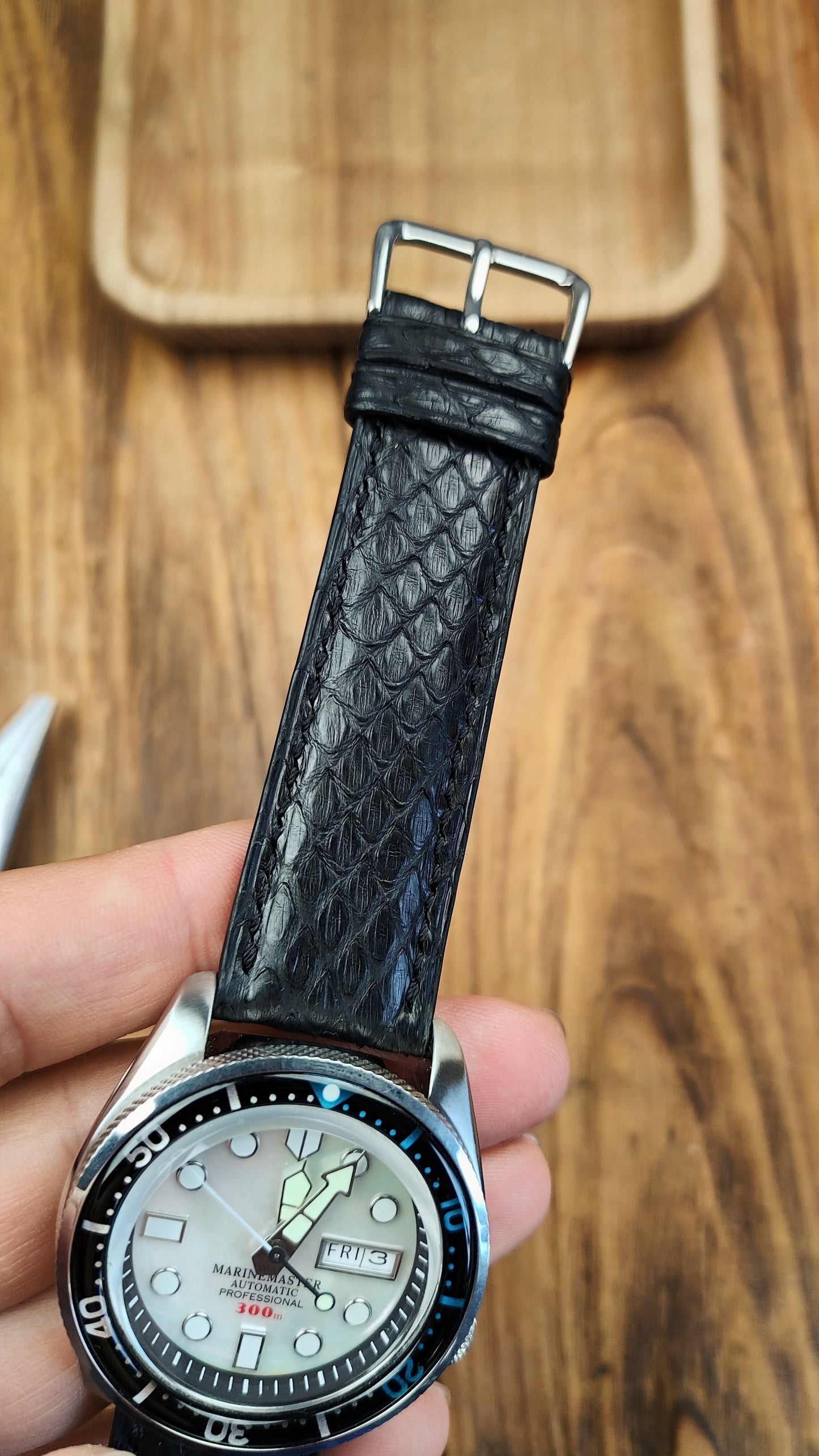 Black python leather watch band custom leather band.