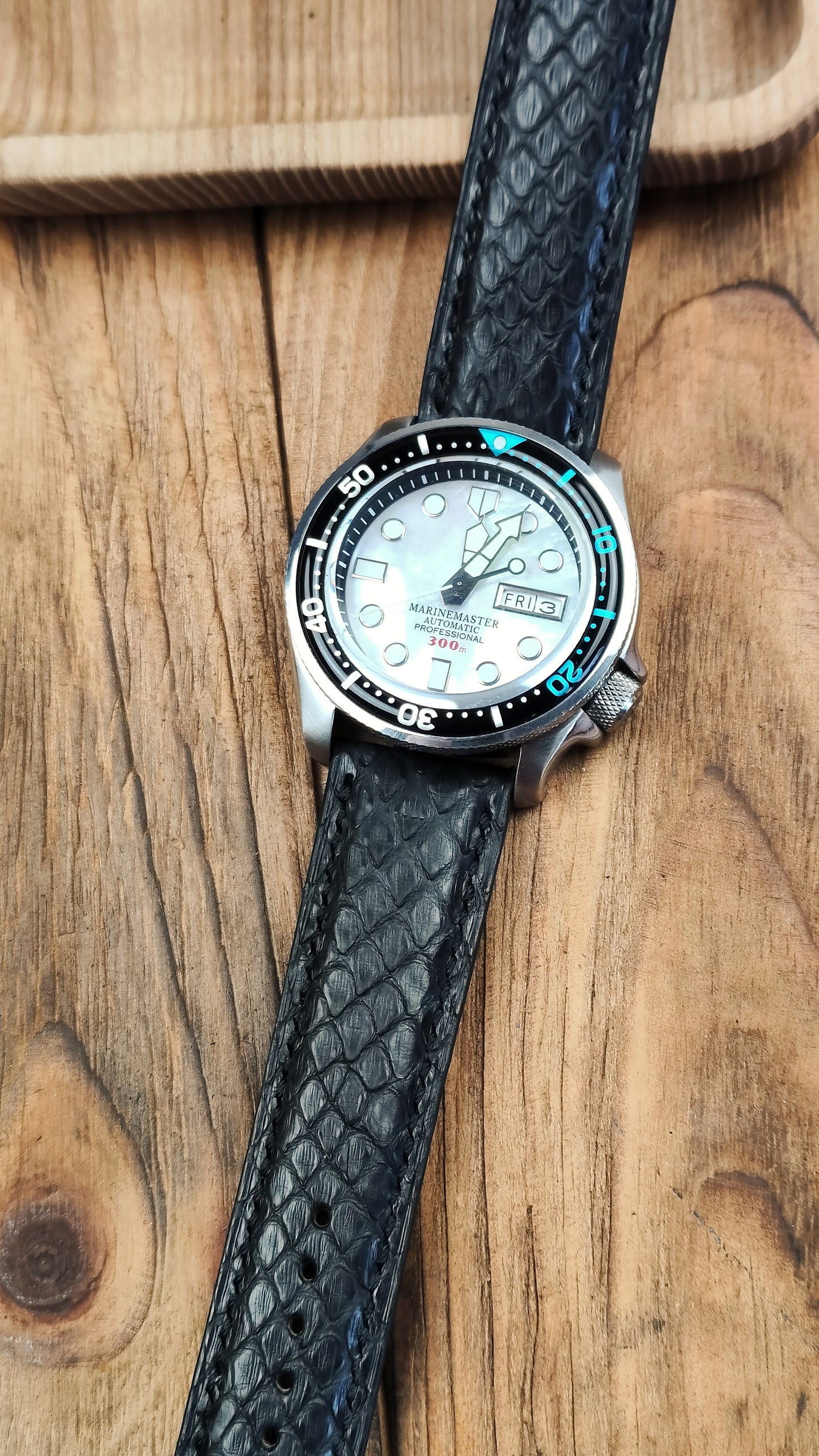 Black python leather watch band custom leather band.