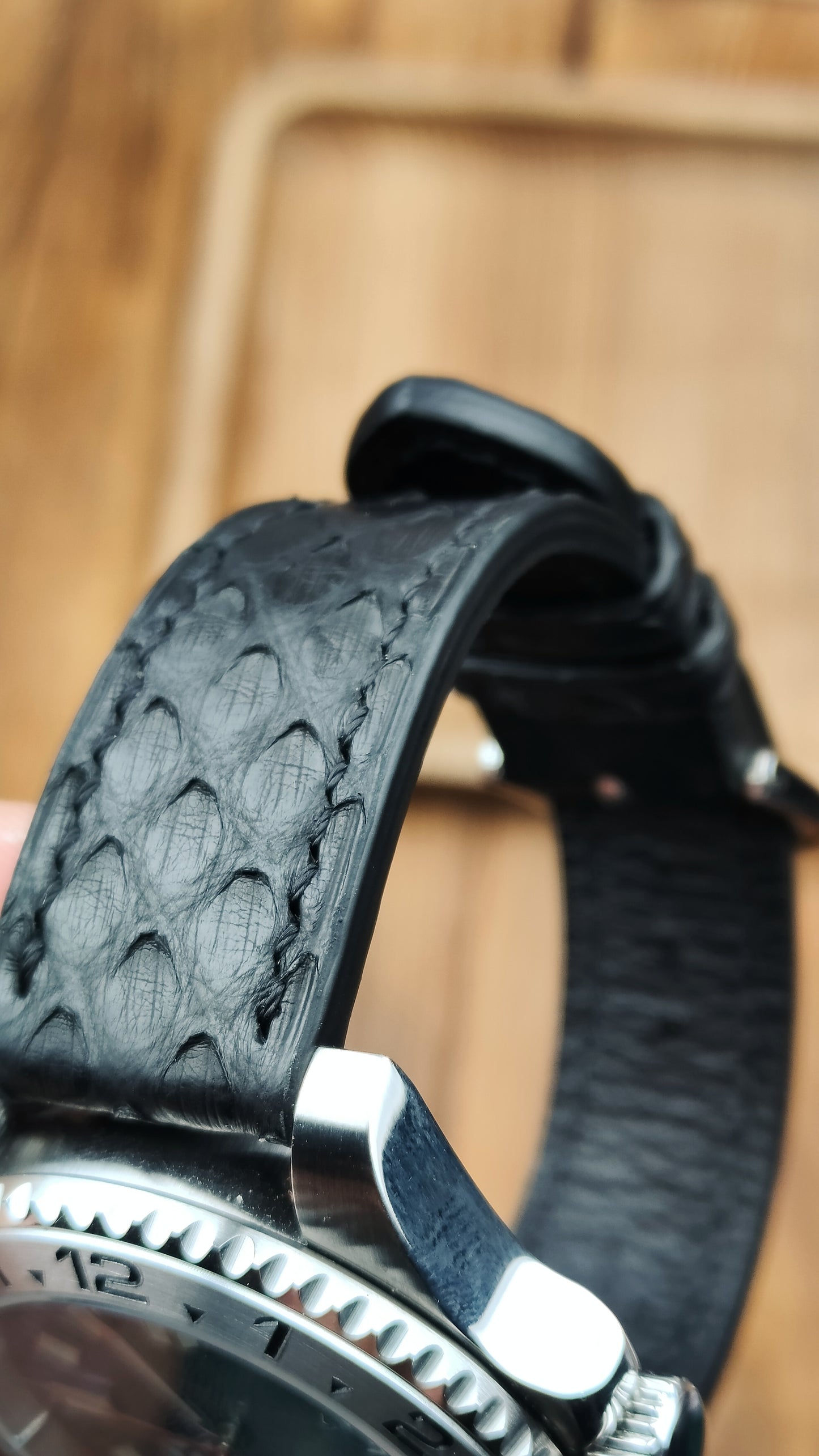 Black python leather watch band custom leather band.