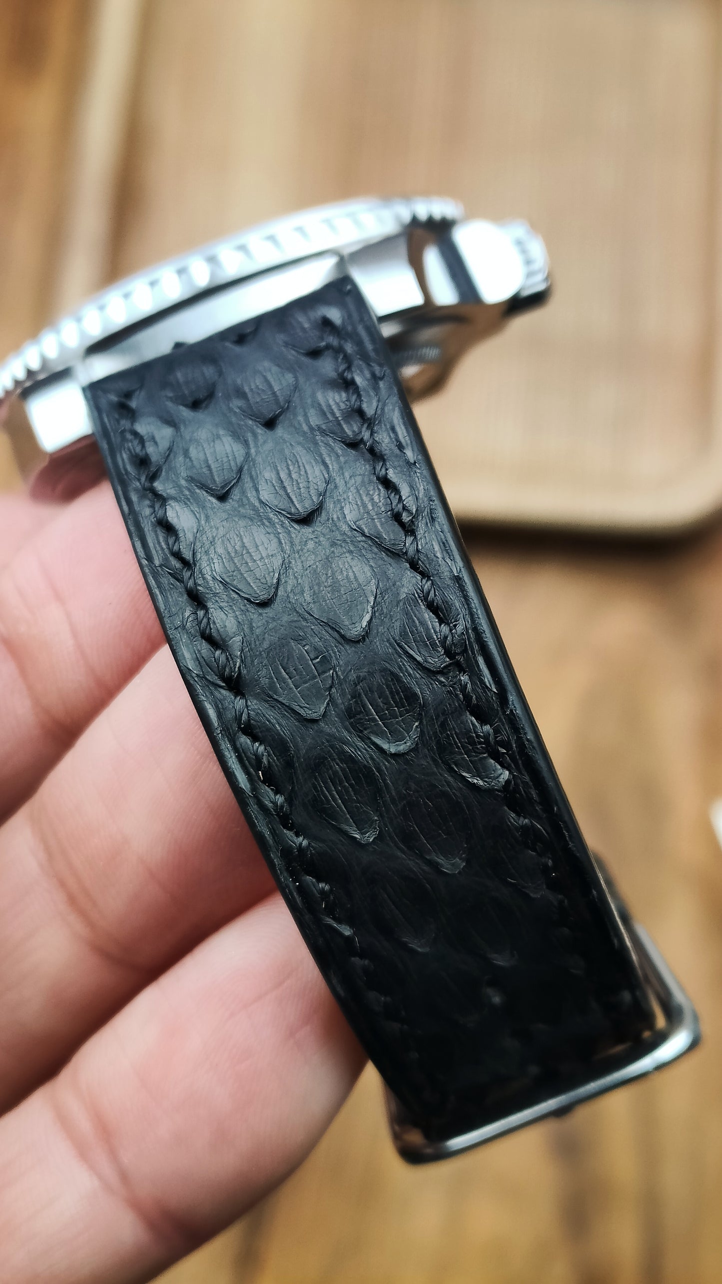 Black python leather watch band custom leather band.