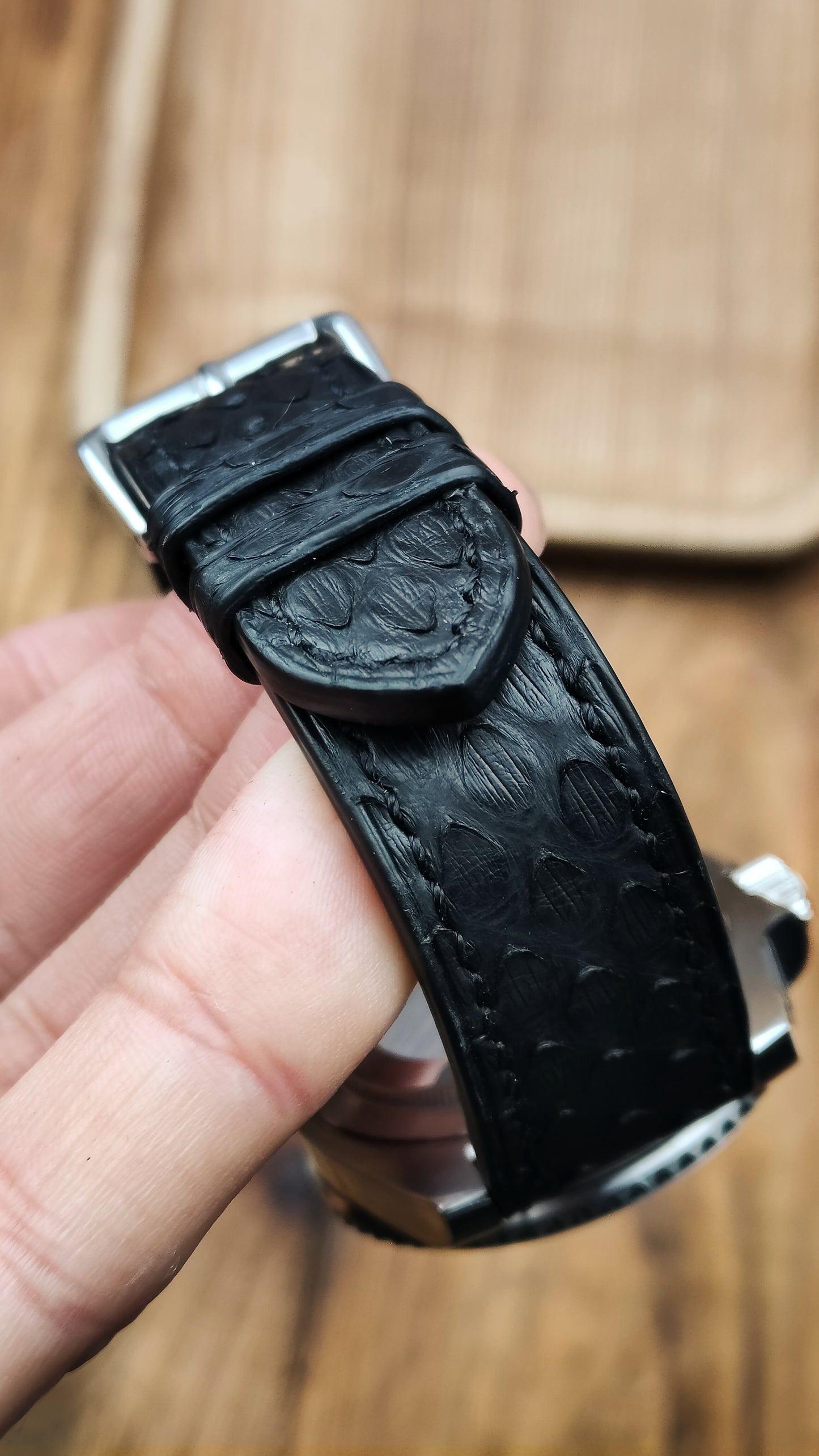 Black python leather watch band custom leather band.