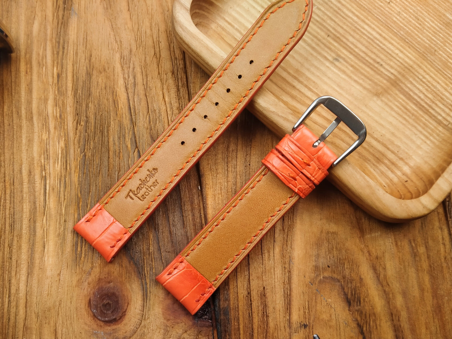Orange alligator watch band custom leather band.