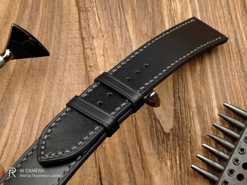 Handcrafted black leather watch band 14 16 18 20 22 watch straps black strap custom watchbands mens