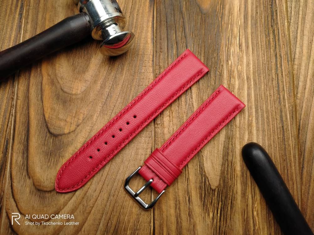 Red leather watch band 16mm-26mm, watch strap 22mm 20mm 18mm 24mm white thread strap, women's leather watch bands, ladies watch bands