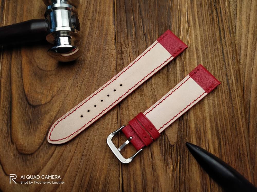 Red leather watch band 16mm-26mm, watch strap 22mm 20mm 18mm 24mm white thread strap, women's leather watch bands, ladies watch bands