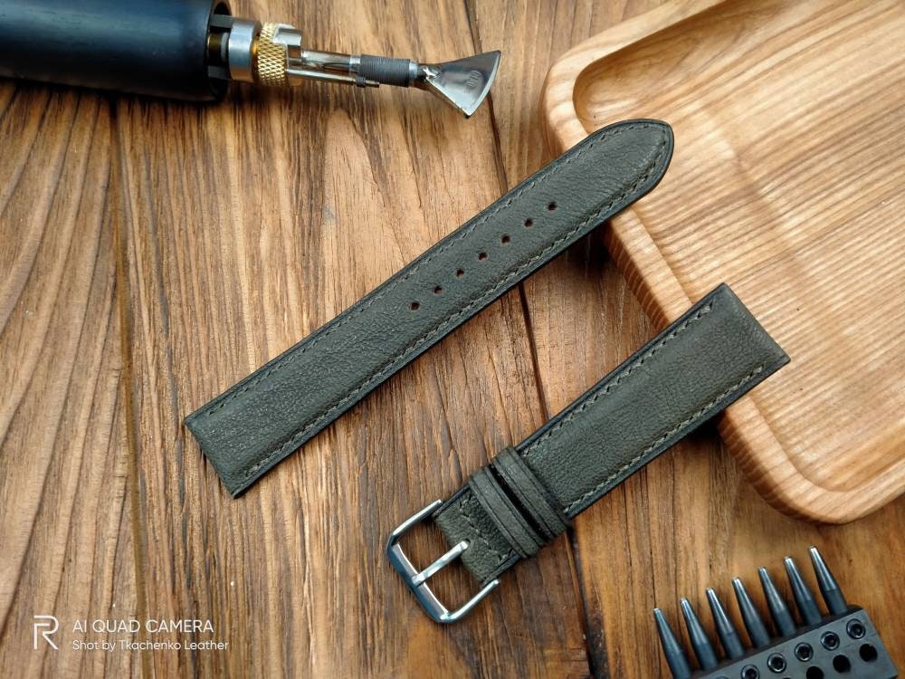 Custom hakki watch bands handcrafted olive leather watch strap men's bottle Green watch straps 20mm 18mm 16mm olive watch straps