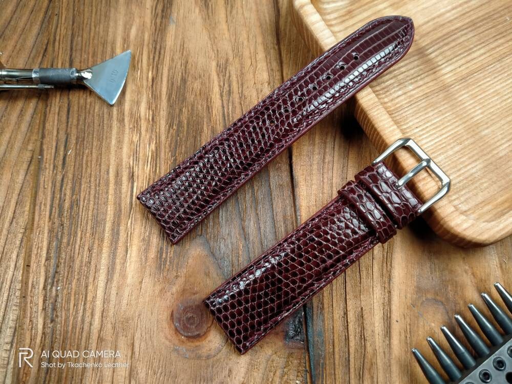 Burgundy lizard watch band 16 18 19 20 21 maroon leather watch straps watchbands handcrafted Lizard strap small wrist iguana leather