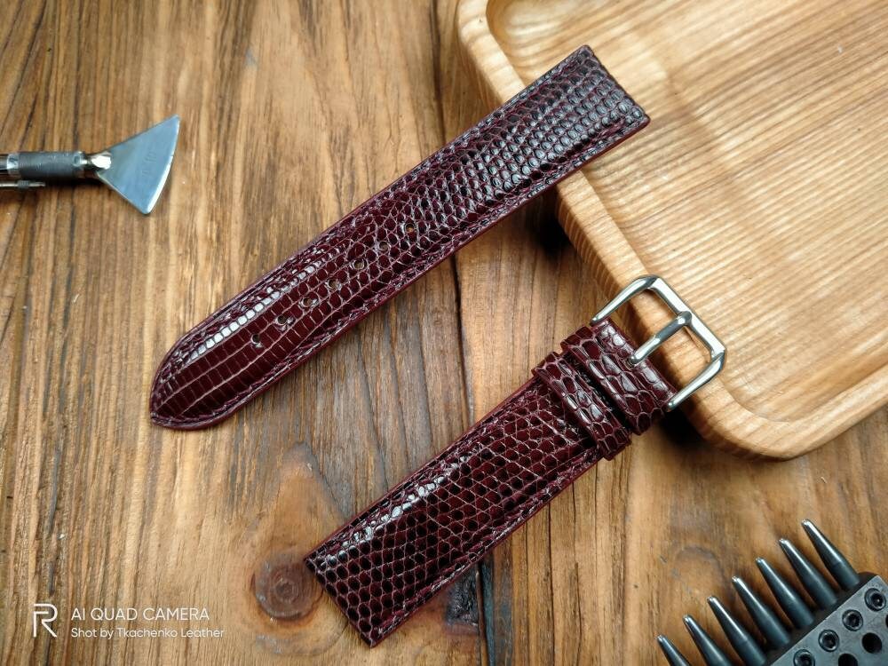 Burgundy lizard watch band 16 18 19 20 21 maroon leather watch straps watchbands handcrafted Lizard strap small wrist iguana leather