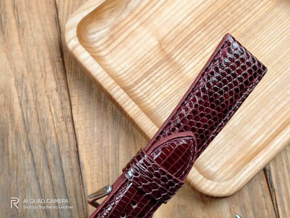 Burgundy lizard watch band 16 18 19 20 21 maroon leather watch straps watchbands handcrafted Lizard strap small wrist iguana leather