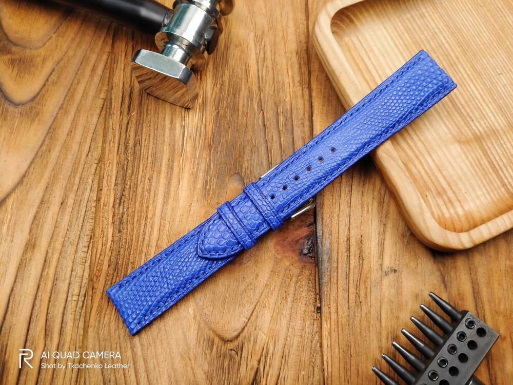 Navy lizard watch band leather 16 18 19 20 21 handcrafted watch straps watchbands navy Lizard strap small wrist blue iguana leather