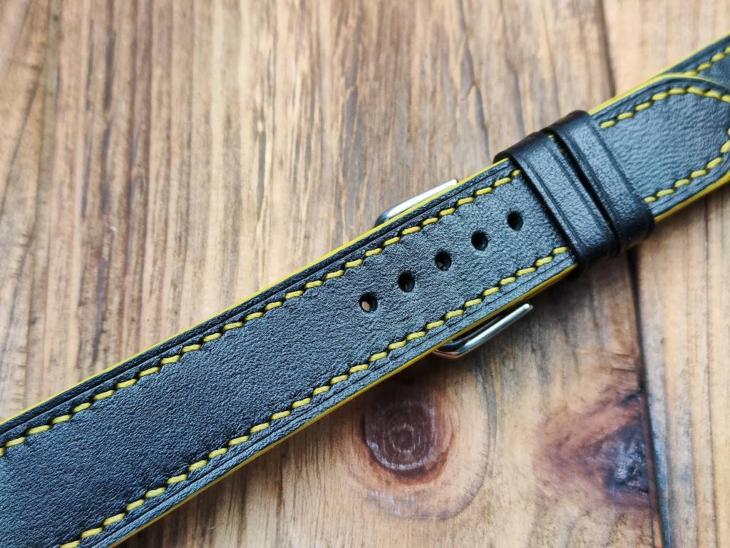 Black watch bands 18 20 22 mm yellow strap handcrafted vintage custom leather bracelet large wrist small quick release pins Mens watch band