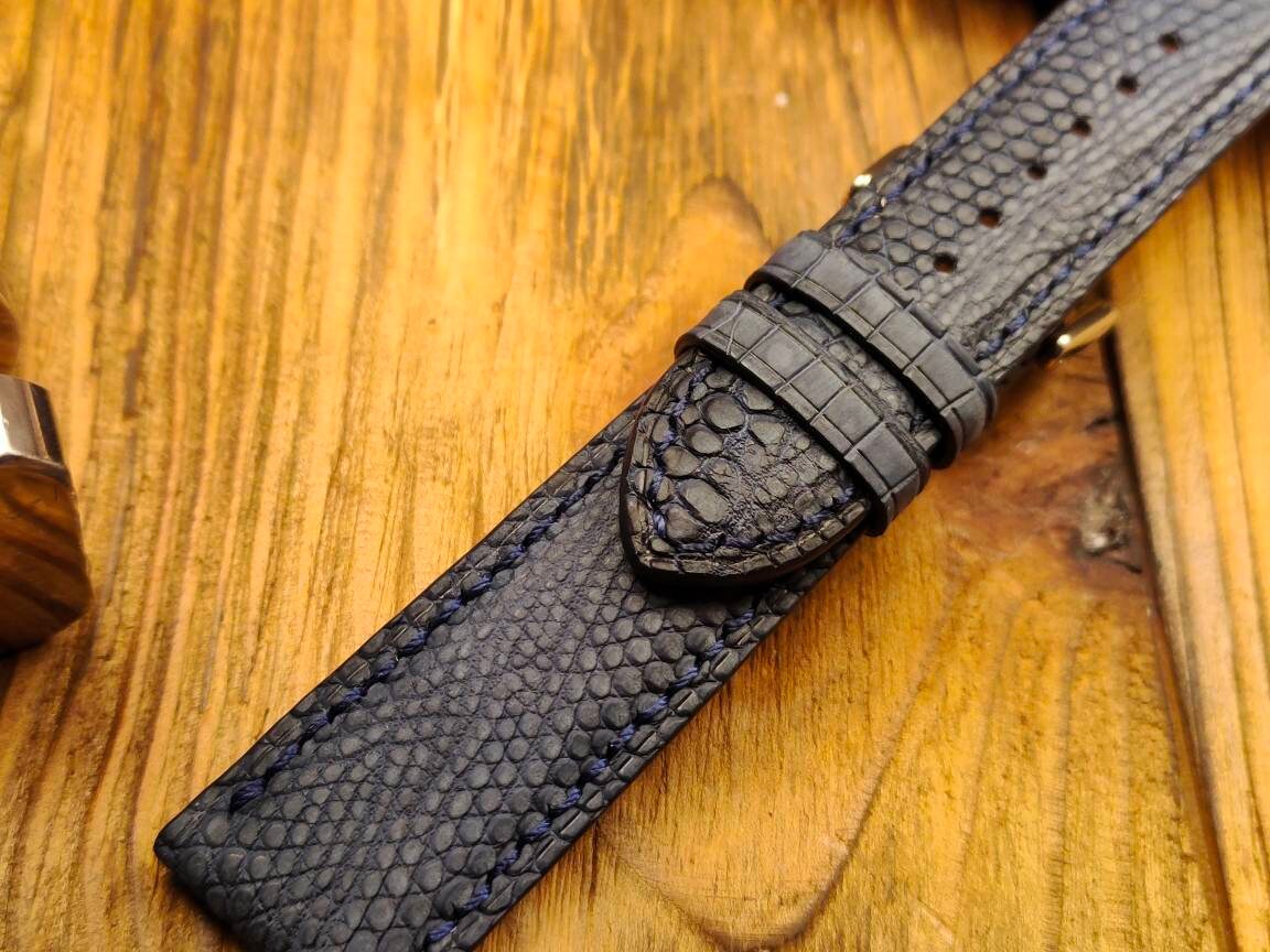 Navy lizard watch band 16 18 19 20 21 blue leather watch straps watchbands handcrafted Lizard strap small wrist iguana leather curved ends