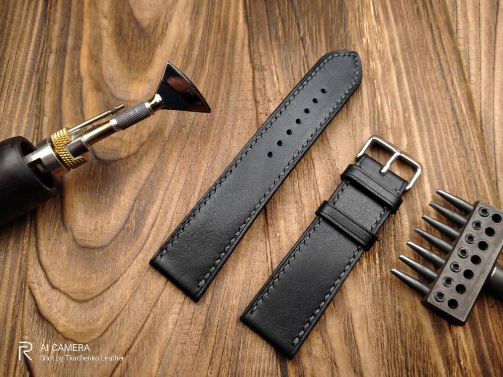 Handcrafted black leather watch band 14 16 18 20 22 watch straps black strap custom watchbands mens