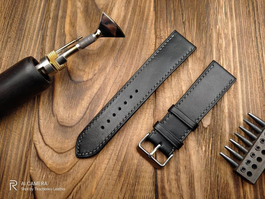 Handcrafted black leather watch band 14 16 18 20 22 watch straps black strap custom watchbands mens