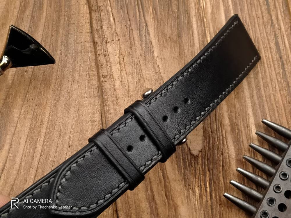 Handcrafted black leather watch band 14 16 18 20 22 watch straps black strap custom watchbands mens