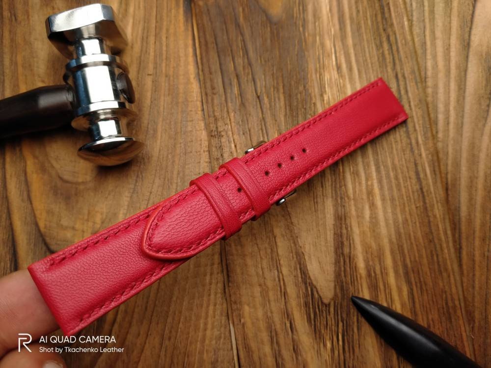 Red leather watch band 16mm-26mm, watch strap 22mm 20mm 18mm 24mm white thread strap, women's leather watch bands, ladies watch bands