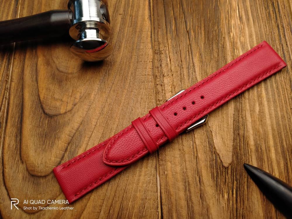 Red leather watch band 16mm-26mm, watch strap 22mm 20mm 18mm 24mm white thread strap, women's leather watch bands, ladies watch bands