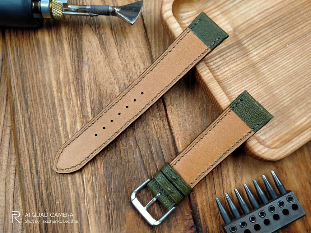 Custom olive watch bands handcrafted olive leather watch strap men's bottle Green watch straps 20mm 18mm 16mm olive watch straps hakki watch