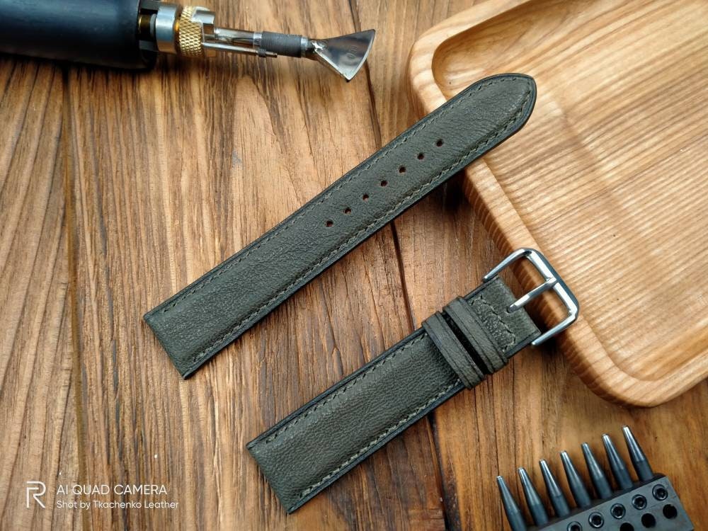 Custom hakki watch bands handcrafted olive leather watch strap men's bottle Green watch straps 20mm 18mm 16mm olive watch straps