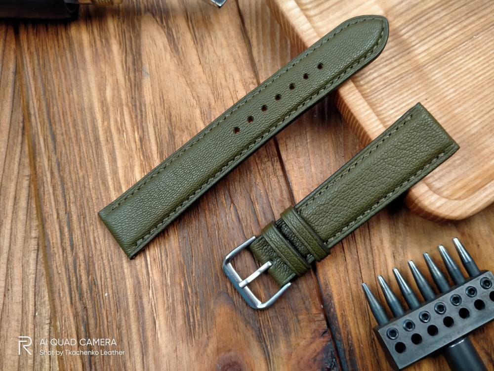 Custom olive watch bands handcrafted olive leather watch strap men's bottle Green watch straps 20mm 18mm 16mm olive watch straps hakki watch