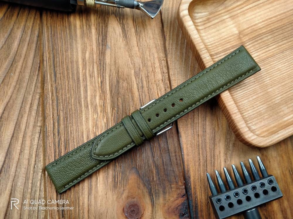 Custom olive watch bands handcrafted olive leather watch strap men's bottle Green watch straps 20mm 18mm 16mm olive watch straps hakki watch