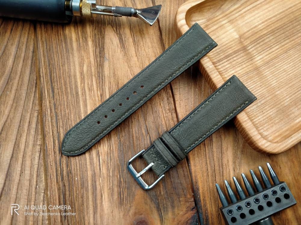 Custom hakki watch bands handcrafted olive leather watch strap men's bottle Green watch straps 20mm 18mm 16mm olive watch straps