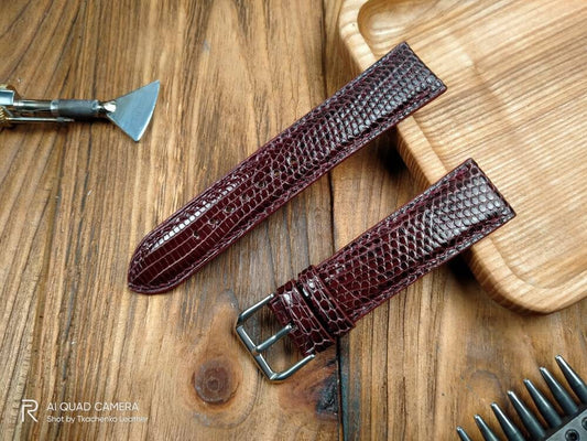 Burgundy lizard watch band 16 18 19 20 21 maroon leather watch straps watchbands handcrafted Lizard strap small wrist iguana leather