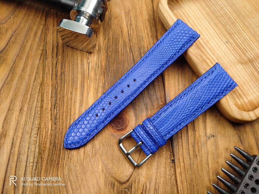 Navy lizard watch band leather 16 18 19 20 21 handcrafted watch straps watchbands navy Lizard strap small wrist blue iguana leather