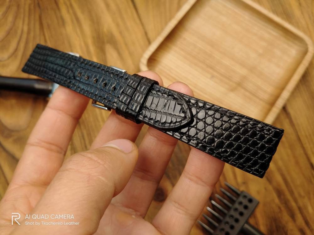 Black lizard leather watch band custom watch straps men's watch wrist 22 20 18 16 small watch wrist iguana Black straps quick release spring