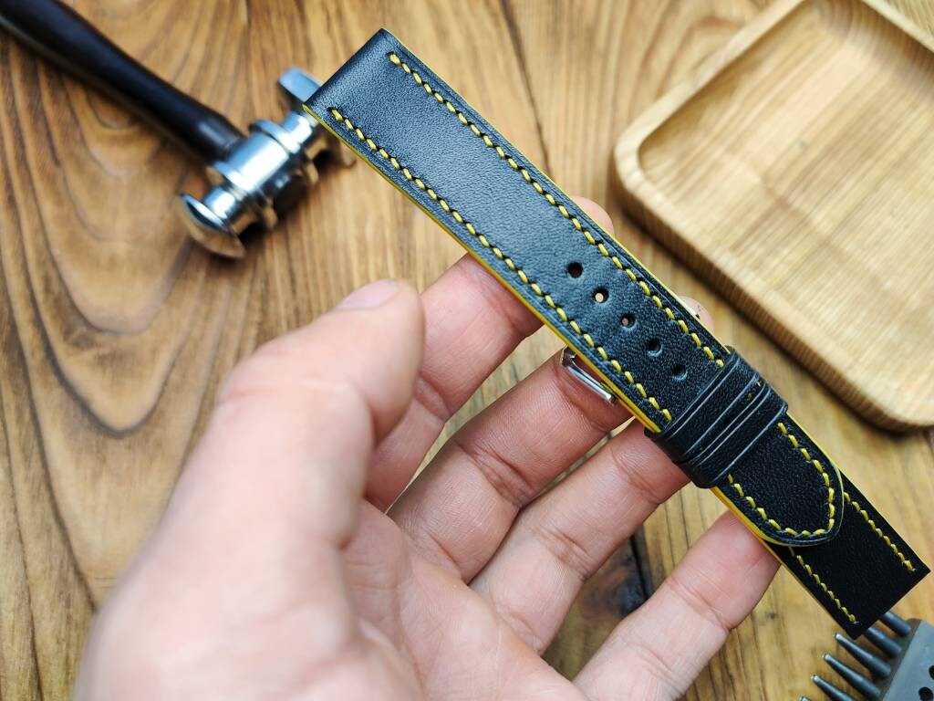 Black watch bands 18 20 22 mm yellow strap handcrafted vintage custom leather bracelet large wrist small quick release pins Mens watch band