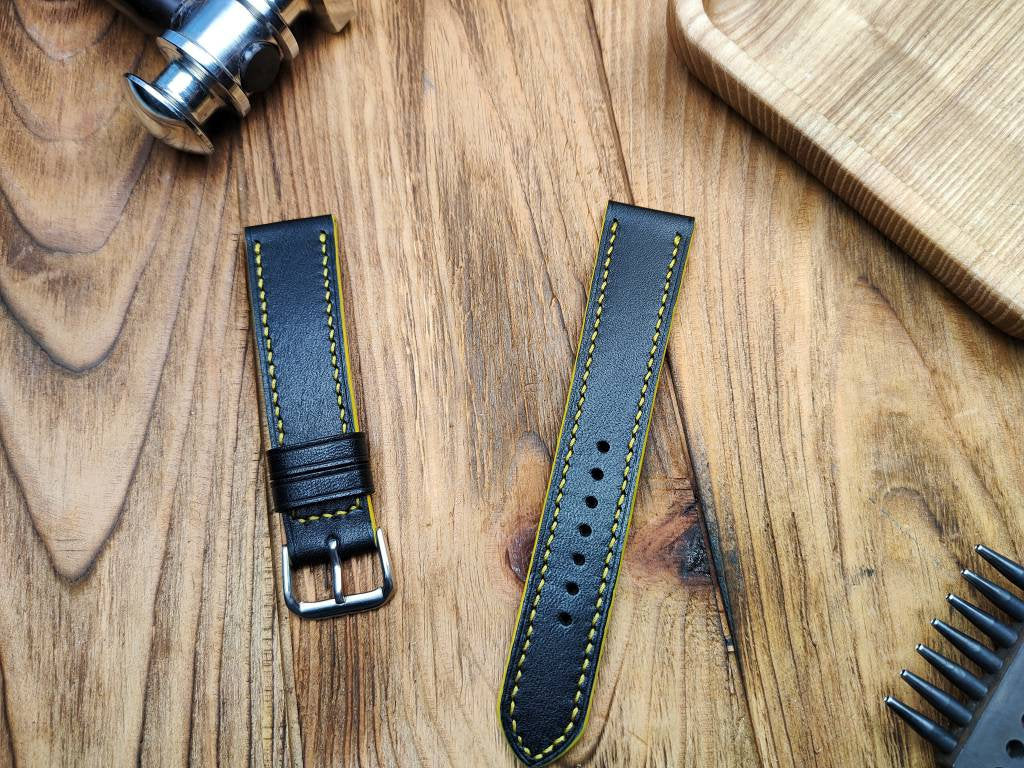 Black watch bands 18 20 22 mm yellow strap handcrafted vintage custom leather bracelet large wrist small quick release pins Mens watch band