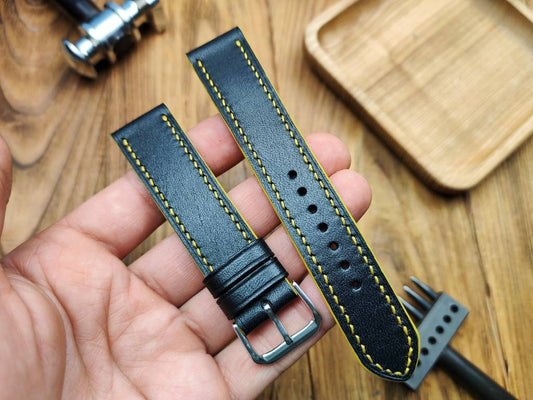 Black watch bands 18 20 22 mm yellow strap handcrafted vintage custom leather bracelet large wrist small quick release pins Mens watch band