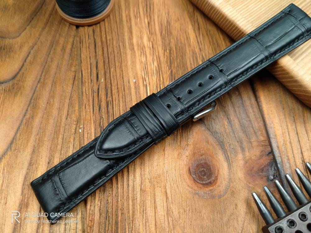 Black alligator leather watch band custom watch straps men's watch wrist 22 20 18 16 small watch bespoke aligator straps bracelet large