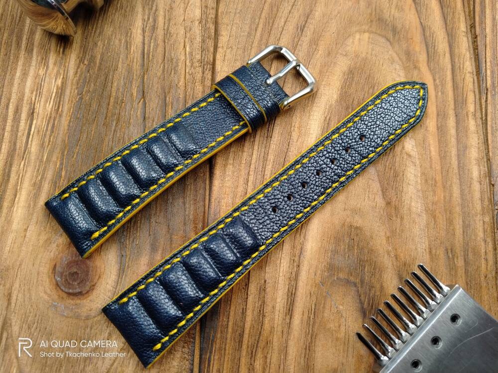 Navy watch band leather 16 18 19 20 21 handcrafted watch straps watchbands navy Lizard strap small wrist blue leather quick release pins